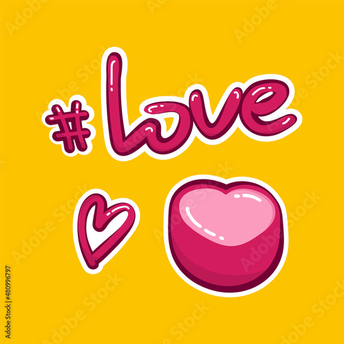Cute mini set for valentine's day. Stickers for postcards, notebooks, textiles, t-shirts, mugs. Marmela, heart, hashtag, word love.
