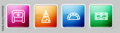 Set line Ushanka, The Tsar bell, Dumpling and Russian ruble banknote. Colorful square button. Vector