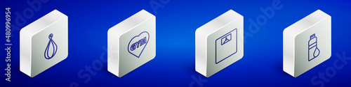 Set Isometric line Punching bag, Fitness gym heart, Bathroom scales and shaker icon. Vector