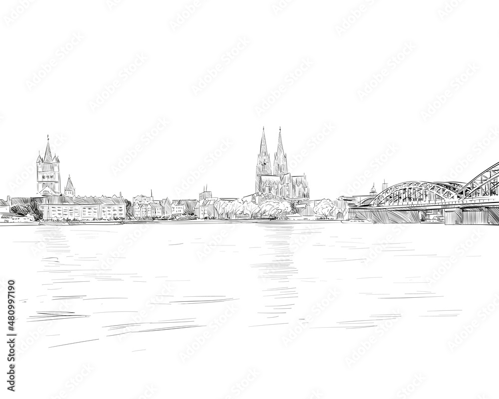 Cologne Cathedral. The Hohenzollern Bridge. Germany. Hand drawn sketch. Vector illustration. 