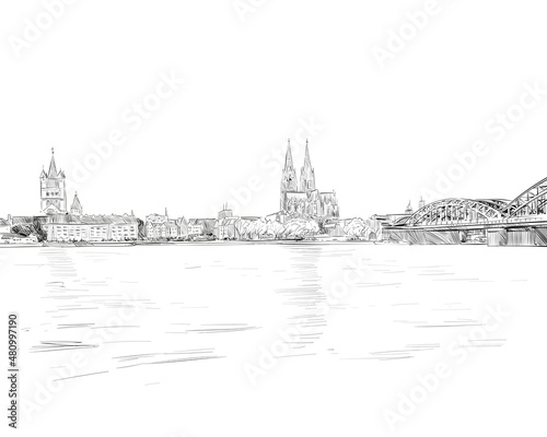 Cologne Cathedral. The Hohenzollern Bridge. Germany. Hand drawn sketch. Vector illustration. 