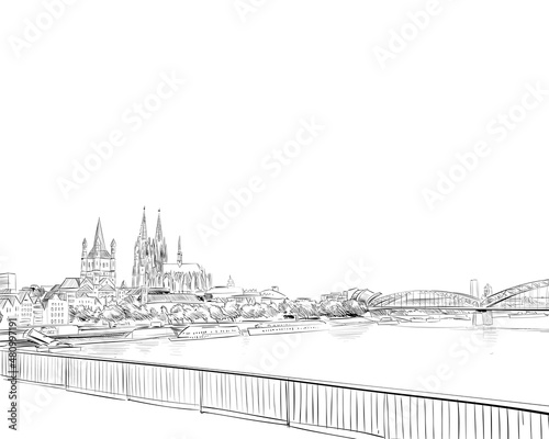 Cologne Cathedral. The Hohenzollern Bridge. Germany. Hand drawn sketch. Vector illustration. 