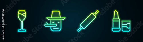 Set line Wine glass, Pinocchio, Rolling pin and Lipstick. Glowing neon icon. Vector