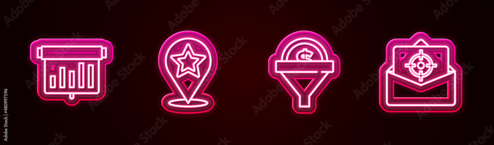 Set line Board with graph chart, Map pointer star, Lead management and Mail and e-mail. Glowing neon icon. Vector Set line Board with graph chart, Map pointer star, Lead management and Mail and e-mail. Glowing neon icon. Vector