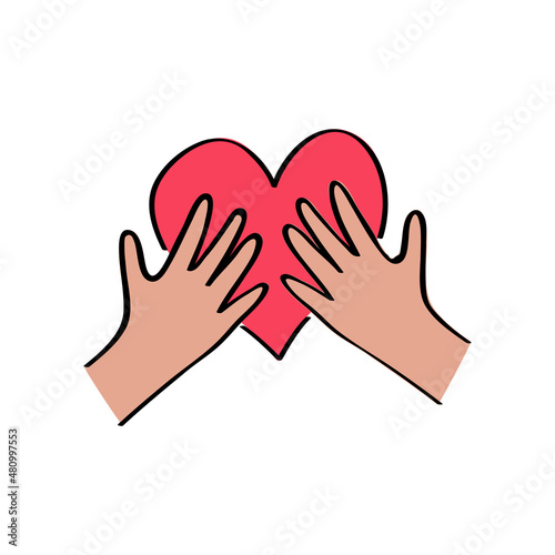 Kids hands holding heart. Charity donation, social care concept. Vollunteer logo. Outline with color illustration in hand drawn style