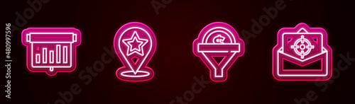 Set line Board with graph chart, Map pointer star, Lead management and Mail and e-mail. Glowing neon icon. Vector