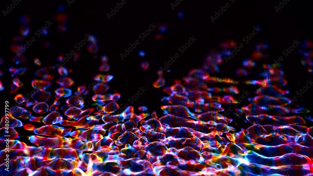 Awesome bg with magic particles float in liquid, light rays like laser show, light effects and bokeh, DOF. Glowing multi-colored particles circle underwater forming cloud. Luma matte as alpha channel.