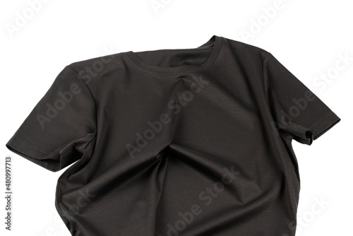 A black t shirt isolated on a white background.