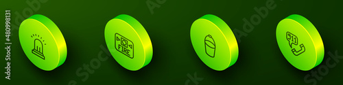 Set Isometric line Ringing alarm bell, Fire system, bucket and Telephone call 911 icon. Vector
