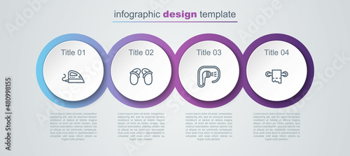 Set line Electric iron, Flip flops, Shower and Toilet paper roll. Business infographic template. Vector