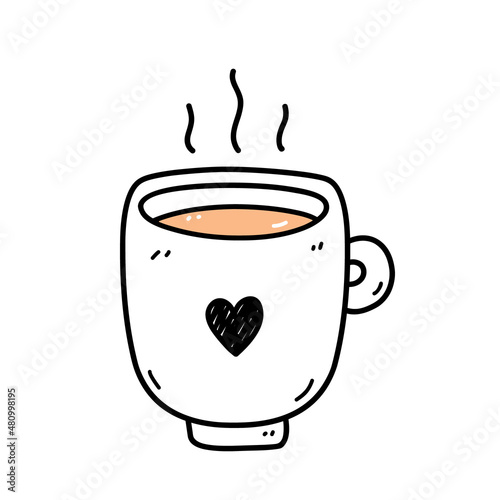 Cute cup of hot coffee isolated on white background. Vector hand-drawn illustration in doodle style. Perfect for cards, menu, logo, decorations.