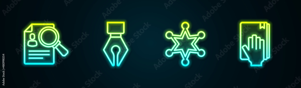 Set line Paper analysis magnifying, Fountain pen nib, Hexagram sheriff and Oath on the Holy Bible. Glowing neon icon. Vector Set line Paper analysis magnifying, Fountain pen nib, Hexagram sheriff and Oath on the Holy Bible. Glowing neon icon. Vector