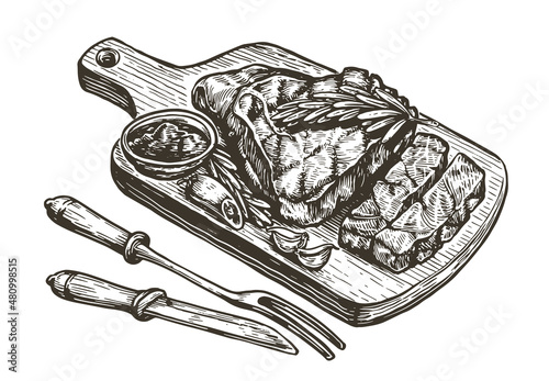 Steak barbecue drawing. BBQ meat hand drawn sketch vector illustration
