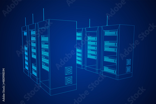 Data network server in cabinet. Diagnostic test in computer room technology communication computers and device concept. Wireframe low poly mesh vector illustration.
