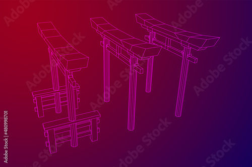 Torii sacred traditional gate. Symbol of Japan,shintoism religion. Japanese Tori arch ancient entrance. Wireframe low poly mesh vector illustration