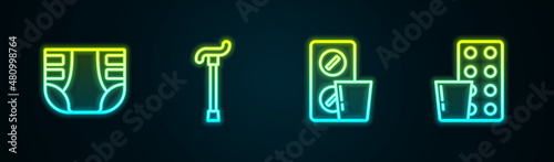 Set line Adult diaper, Walking stick cane, Pills blister pack and . Glowing neon icon. Vector