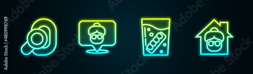 Set line Hearing aid, Nursing home, False jaw glass and . Glowing neon icon. Vector