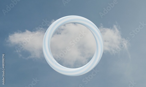 3d render, torus floating against blue sky with cloud