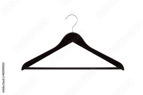 Empty black hanger isolated on a white background. Potential copy space above and inside clothes hangers. Coat hanger close up. photo