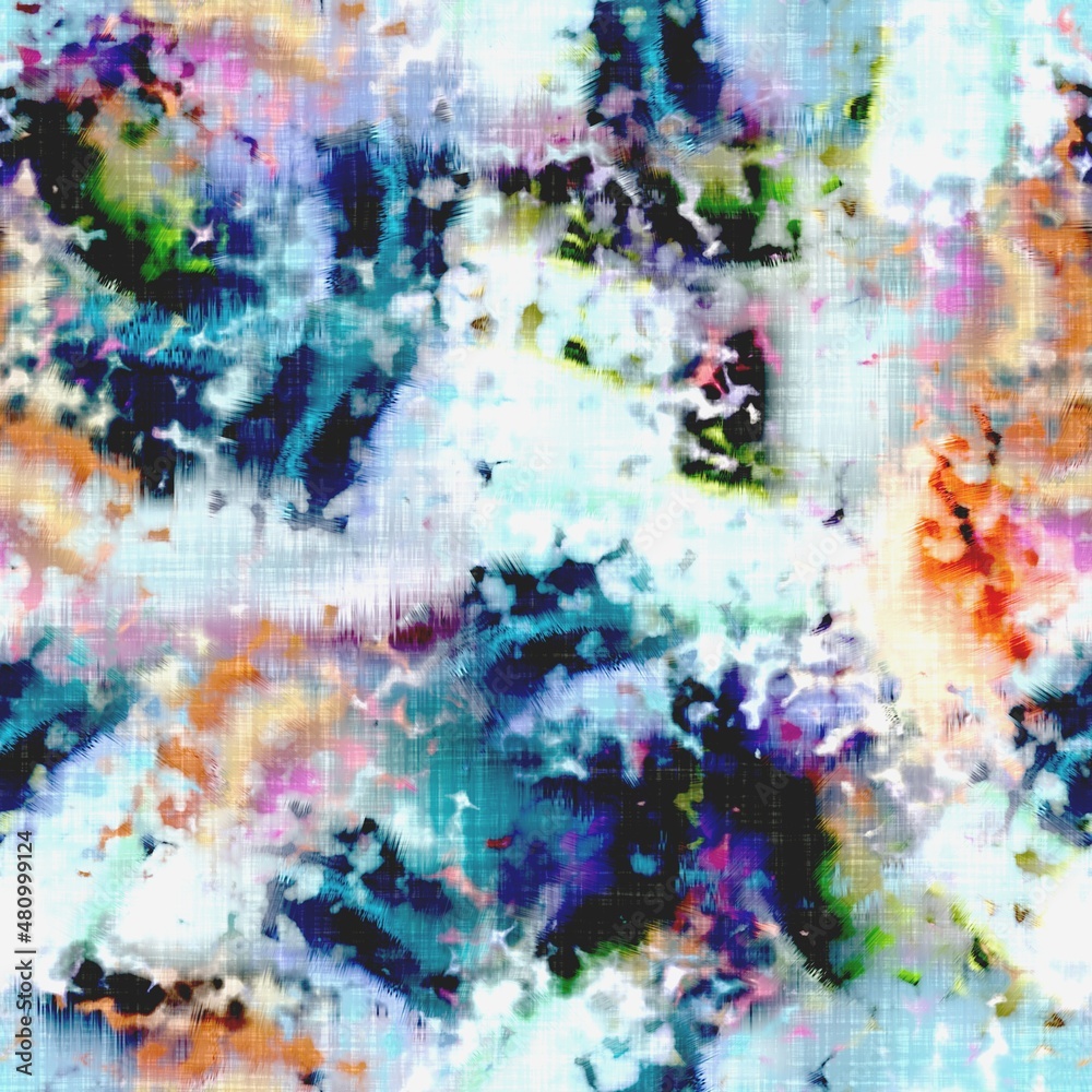 Obraz premium Messy summer tie dye batik beach wear pattern. Seamless colorful stain space dyed effect fashion. Washed out soft furnishing background.