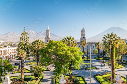 The main square of Arequipa on the background of the volcano El Misti