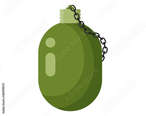 Military metal water bottle. Soldier green olive flask. Touristic equipment for camping and tourism.