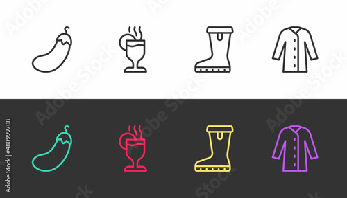 Set line Eggplant, Mulled wine, Waterproof rubber boot and Raincoat on black and white. Vector