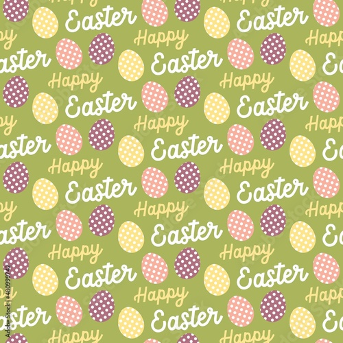Sweet cute Easter seamless repeat pattern on green background . Happy Easter text eggs letters. 