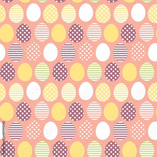 Sweet cute Easter seamless repeat pattern eggs on coral pink background . Happy Easter . 