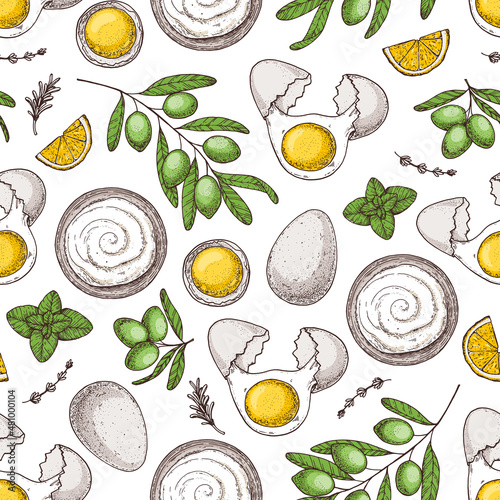 Mayonnaise sauce cooking and ingredients. Seamless pattern. Hand drawn vector illustration. Homemade mayonnaise sauce. Hand drawn, package design.