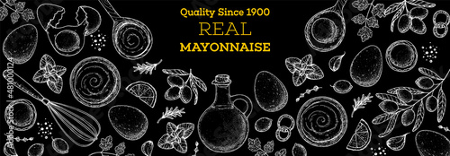 Mayonnaise sauce cooking and ingredients frame. Hand drawn sketch, vector illustration. Homemade mayonnaise sauce, design elements. Hand drawn package design. Oil and eggs.