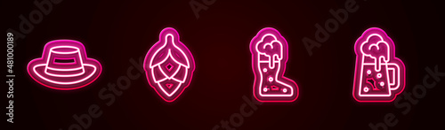 Set line Oktoberfest hat, Hop, Boot beer glass and Wooden mug. Glowing neon icon. Vector