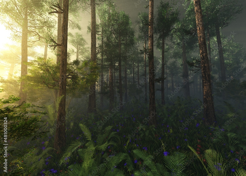 Fototapeta premium Forest in the morning in a fog in the sun, trees in a haze of light, glowing fog among the trees, 3D rendering