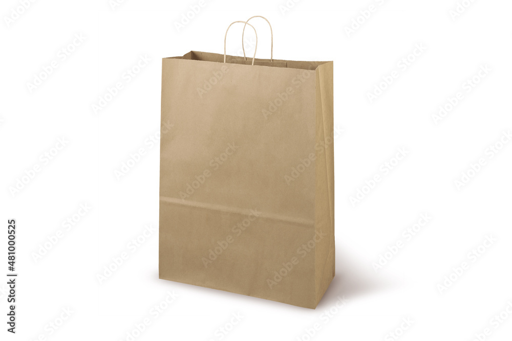 Brown craft small paper bag packaging template isolated on white background. Stand-up pouch side view package. Brown shopping bag mockup. Package with handle for shopping, advertising and branding. Brown craft small paper bag packaging template isolated on white background. Stand-up pouch side view package. Brown shopping bag mockup. Package with handle for shopping, advertising and branding.