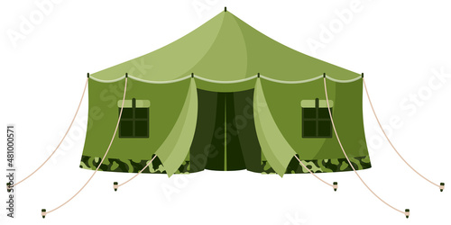 Front view of green khaki camouflage military tarpaulin tent. Touristic equipment for camping and tourism. photo