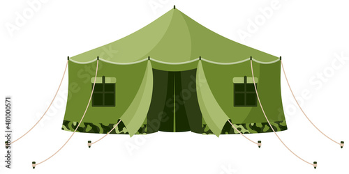 Front view of green khaki camouflage military tarpaulin tent. Touristic equipment for camping and tourism.
