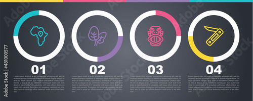 Set line Map of Africa, Tropical leaves, Mexican mayan or aztec mask and Swiss army knife. Business infographic template. Vector