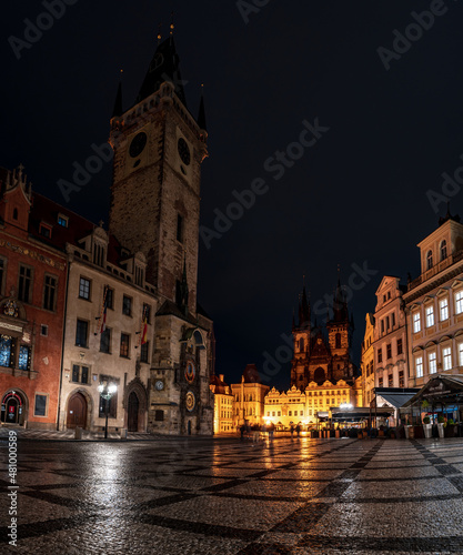 Beautiful landscape with Astronomical Clock (Orloj) in the Old Town in Prague at night, Czech Republic, Europe.