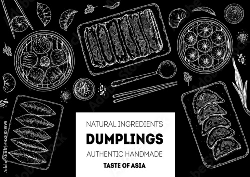 Dumplings top view frame. Food menu design template. Hand drawn vector illustration. Chinese dumplings. Vintage illustration. Hand drawn food sketch. Design template.