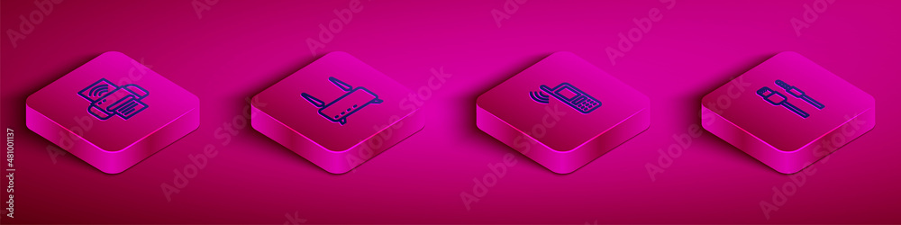 Set Isometric line Smart printer system, Router and wi-fi signal, Mobile with wireless and USB cable cord icon. Vector Set Isometric line Smart printer system, Router and wi-fi signal, Mobile with wireless and USB cable cord icon. Vector