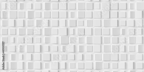 Random rotated many small white cube boxes block geometrical background wallpaper banner or template flat lay from above