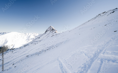 Mountains in Austria in the Alps of Tyrol. Winter landscape and alpine mountain panorama in Europe. Zischgeles Skiing near Innsbruck. High scenery photo