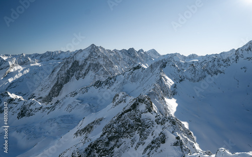 Mountains in Austria in the Alps of Tyrol. Winter landscape and alpine mountain panorama in Europe. Zischgeles Skiing near Innsbruck. High scenery