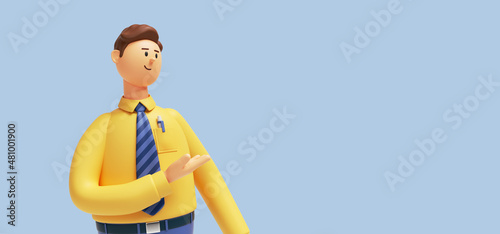 3d render. Cartoon character young man isolated on blue background. Sales manager wears yellow shirt, blue tie, offer gesture. Presentation concept. Successful businessman photo