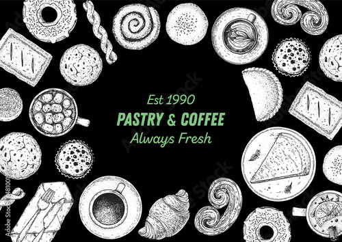 Pastry and coffee. Coffee house menu. Illustration of different baked goods. Hand drawn vector illustration. Bakery sketch. Background template for design. Engraved food image. Top view.