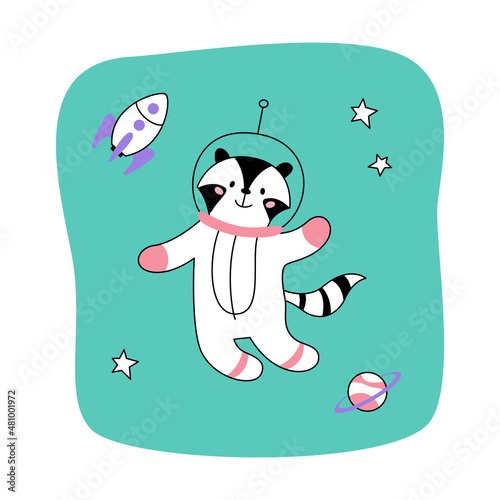 Принти на полотні Vector cute funny astronaut raccoon in spacesuit with stars, planet, rocket