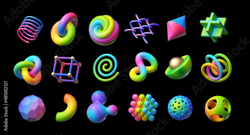 3d render. Collection of assorted geometric shapes. Set of different icons, signs and symbols. Colorful objects with gradient. Clip art isolated on black background