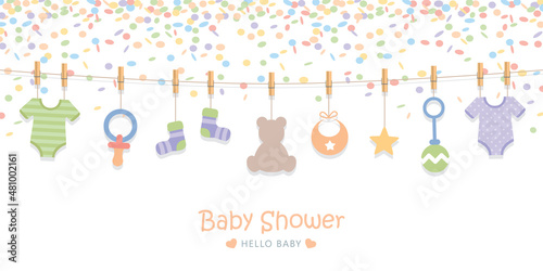 baby shower welcome greeting card for childbirth with hanging utensils and confetti