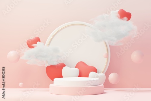 3d render minimal sweet scene with display podium for mock up and product brand presentation. Pink Pedestal stand for Valentine's Day's theme. Cute lovely heart background. Love day's design style. © TANATPON