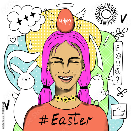 Happy Easter creative conceptual modern hand drawn doodle portrait with egg photo